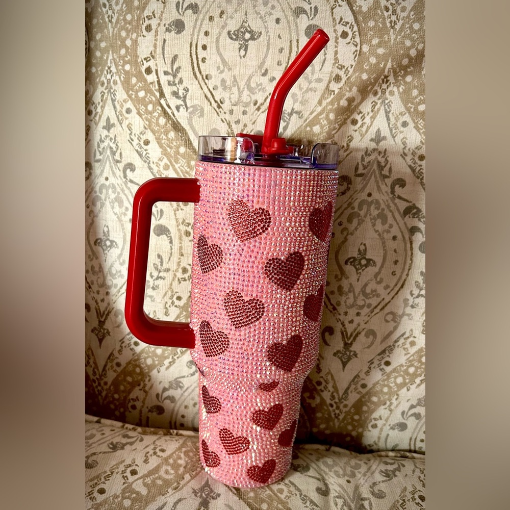 Simply Southern Pink Rhinestone Heart Tumbler with Red hearts and Straw